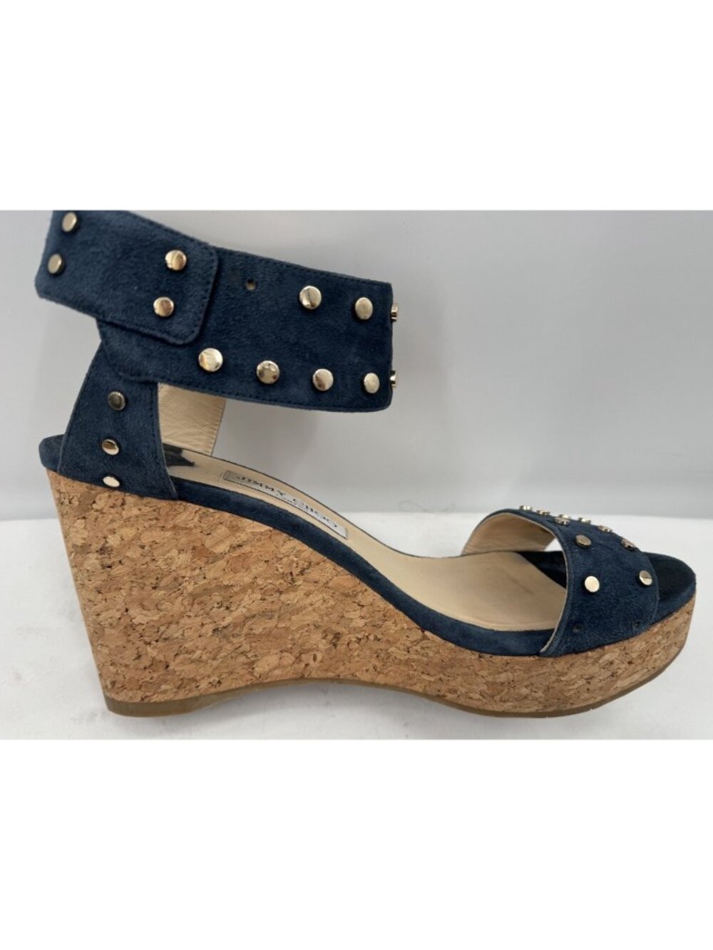 JIMMY CHOO Dark Navy Suede Studded Cork Nelly Wedge Sandals Heels Shoes Sz 41.5 - Picture 14 of 16